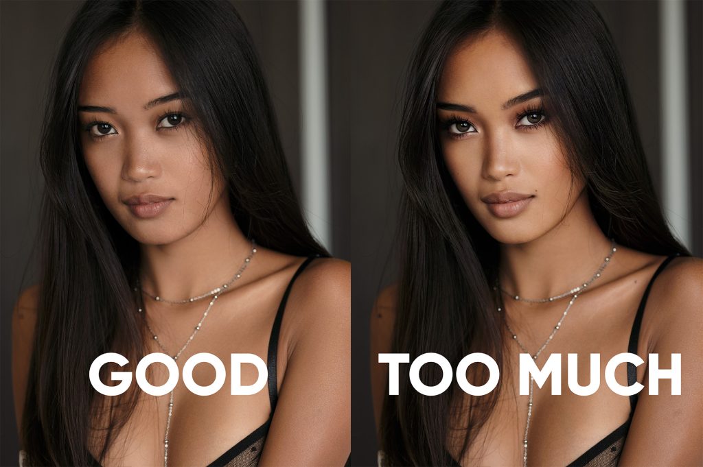 Before-and-after comparison of a portrait of Miyaka Chen - left with natural retouching, right heavily altered by FaceApp.