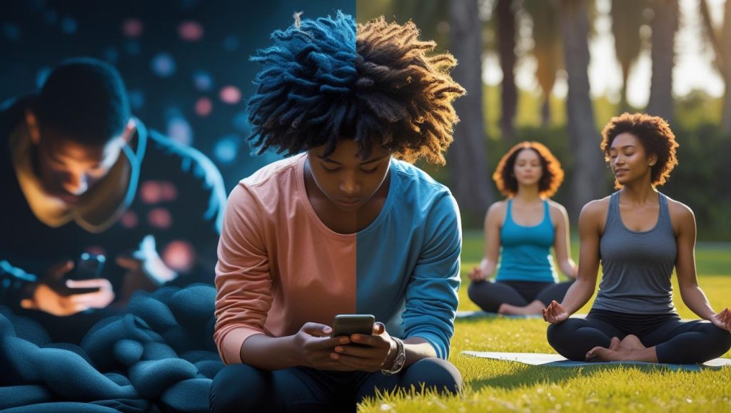 Symbolic image of a young woman whose clothing and background are divided in two: The left half shows her in a dark environment, hunched over a smartphone, with a melancholic expression, next to her a young man with his gaze lowered to his phone. The right half shows the same woman in sunshine in a park, accompanied by two other women meditating, a symbol for Mental Health