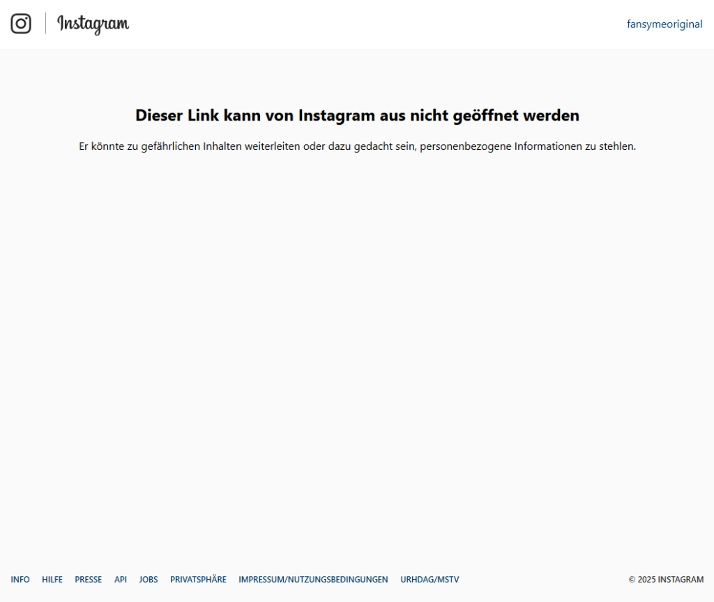 An error message from Instagram that appears when redirecting via getallmylinks