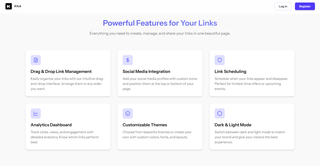 klick.now homepage with the various features highlighted