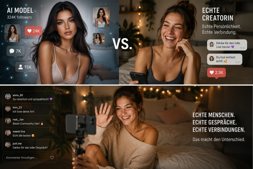 Vergleichsbild zwischen einem künstlichen KI-Model und einer echten Creatorin auf einer Creator-Plattform mit Fokus auf Persönlichkeit, Community und echte Interaktion.