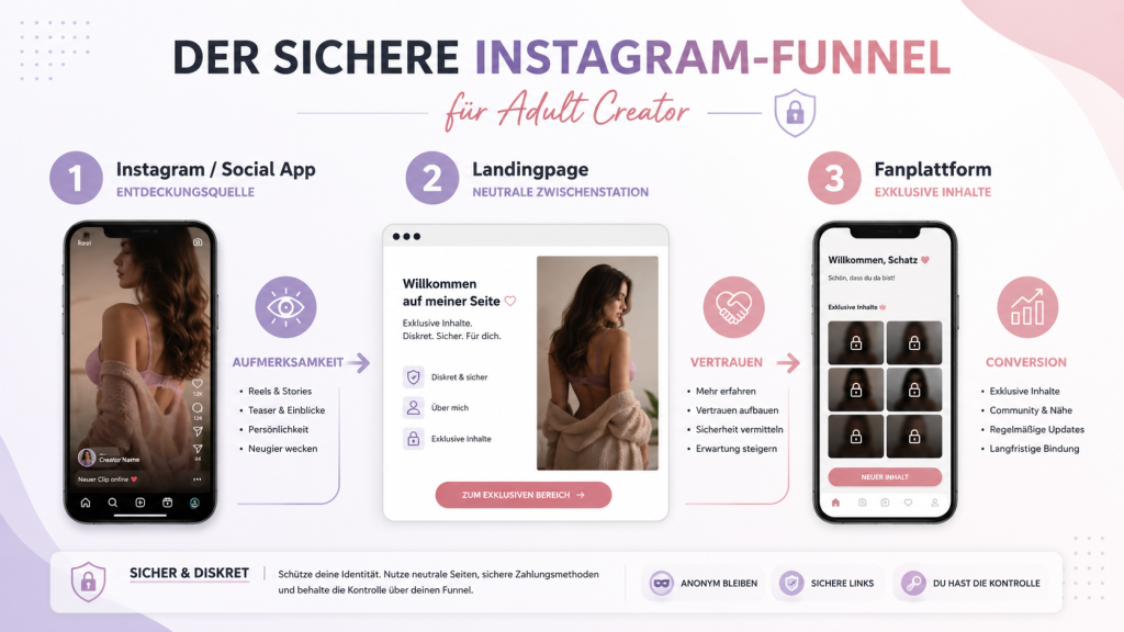 Infographic shows the safe funnel from Instagram via a landing page to the fan platform.