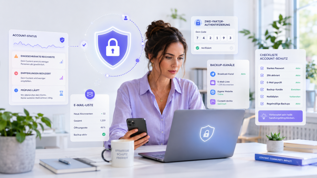 Creator checks account protection, two-factor authentication, backup channels, and reach status.