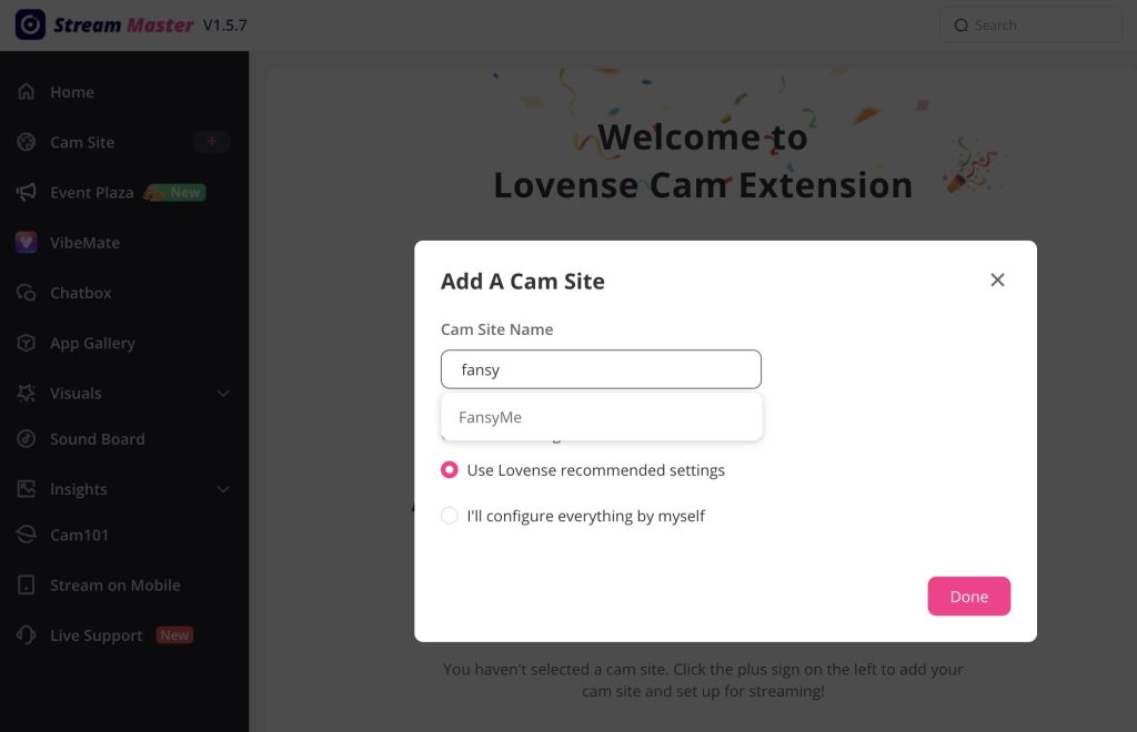 FansyMe Lovense Cam Extension for setting up a cam site