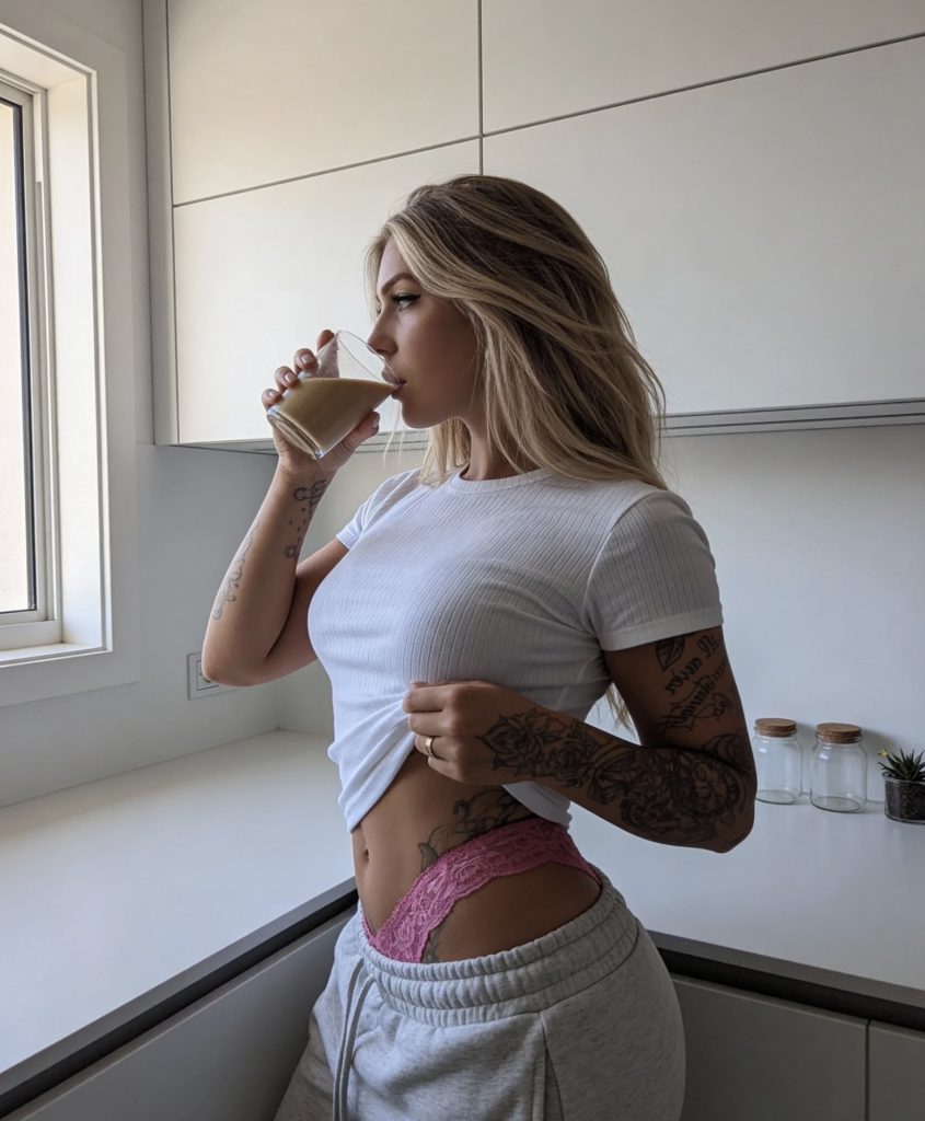 Hailey Rae drinks coffee in the kitchen, wearing a white crop top and gray sweatpants.