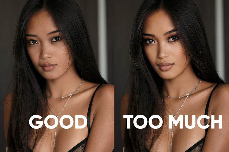 Vorher-nachher-Vergleich eines Porträts von Miyaka Chen – links mit natürlicher Retusche, rechts stark verändert durch FaceApp.