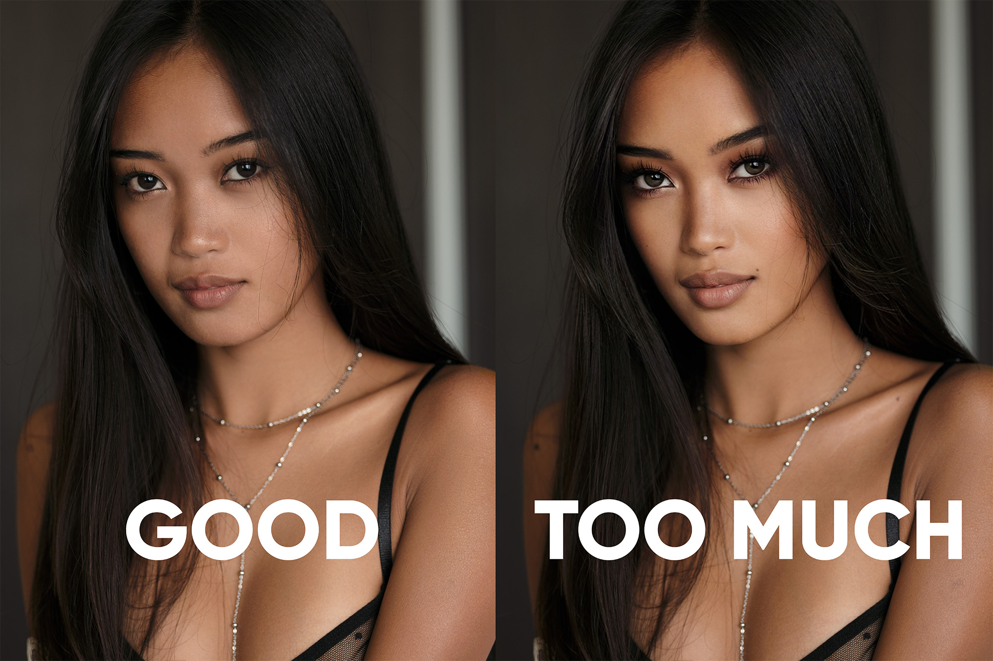 Vorher-nachher-Vergleich eines Porträts von Miyaka Chen – links mit natürlicher Retusche, rechts stark verändert durch FaceApp.