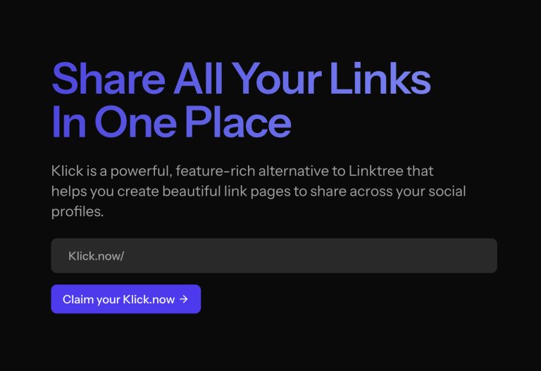 Klick.now login page showing a sleek, minimalist link management platform