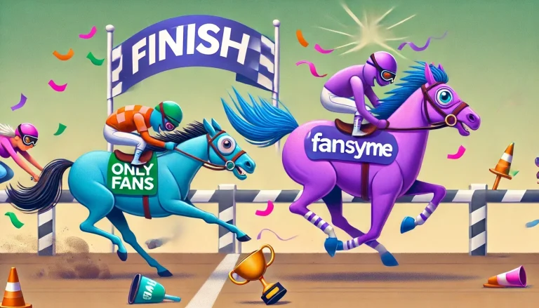 Illustration eines Pferderennens, bei dem FansyMe vor OnlyFans ins Ziel kommt