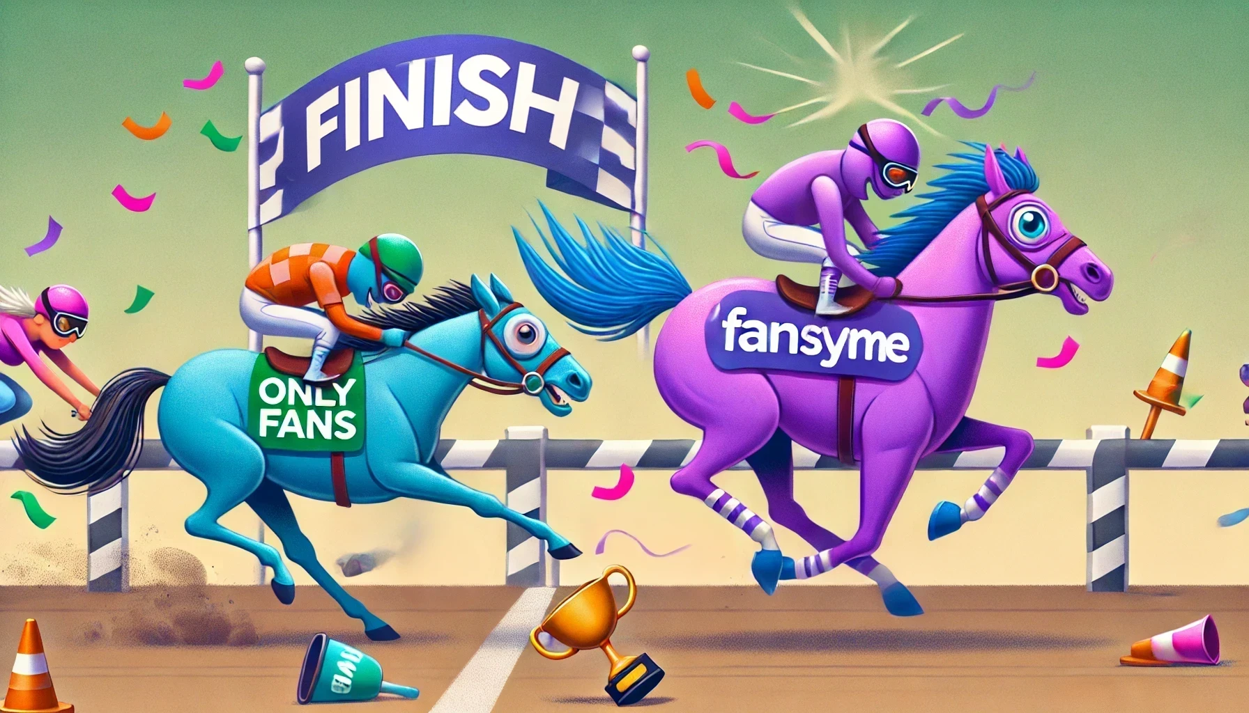 Illustration eines Pferderennens, bei dem FansyMe vor OnlyFans ins Ziel kommt