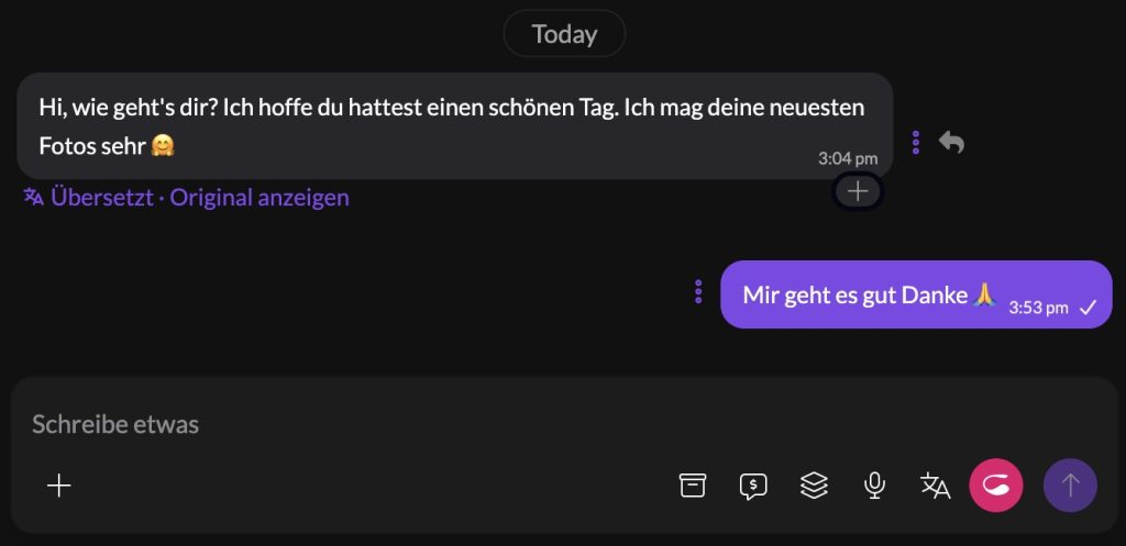 FansyMe chat with integrated translation for messages between creator and fan.