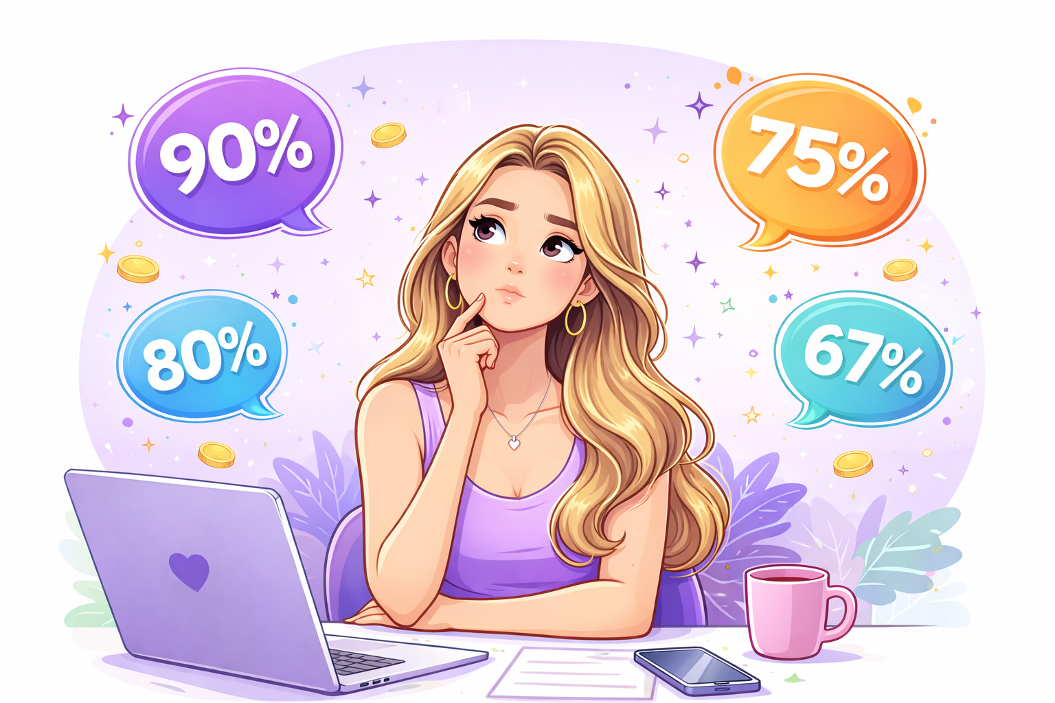 Nachdenkliche weibliche Creatorin sitzt am Laptop, während um ihren Kopf verschiedene Revenue-Share-Prozentzahlen wie 90 %, 80 %, 75 % und 67 % schweben und unterschiedliche Plattform-Auszahlungen symbolisieren.
