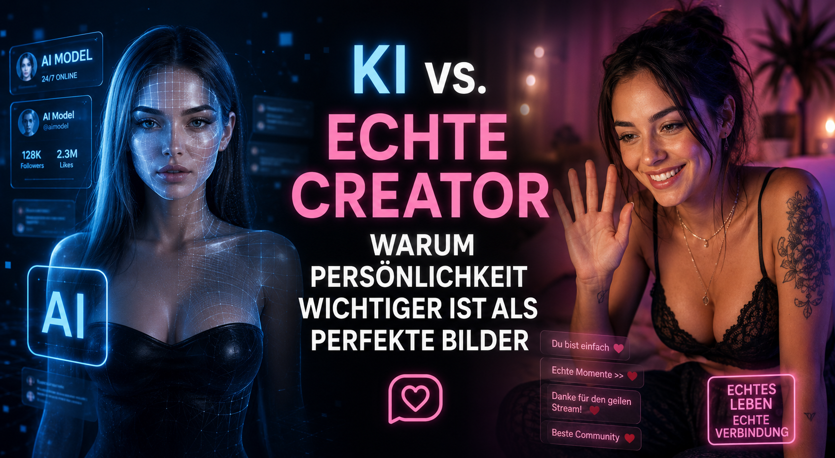 Vergleich zwischen einem KI-generierten AI-Model und einer echten Creatorin mit persönlicher Community-Interaktion auf einer Creator-Plattform.