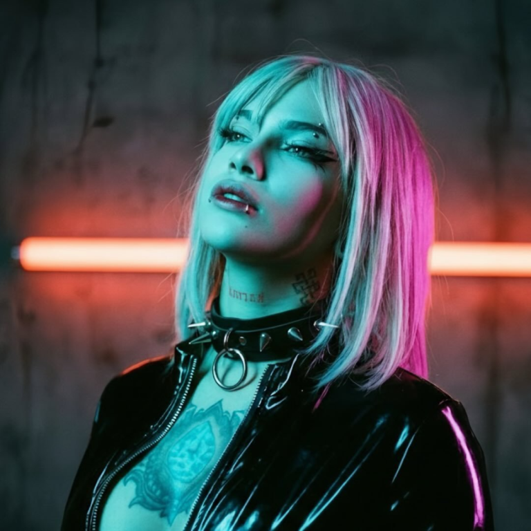 Cyberpunk-Porträt von Noxarcane mit blonden Haaren, Tattoos, Piercings und Neonbeleuchtung in pink und türkis auf FansyMe.