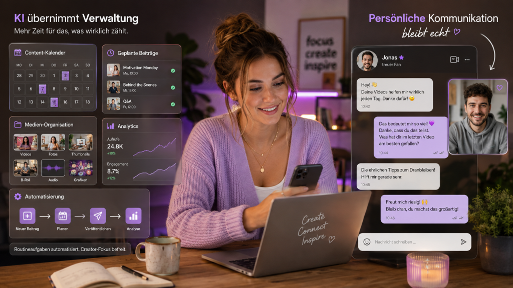 Female creator uses AI-powered tools for content planning and organization while personally chatting with a male fan.