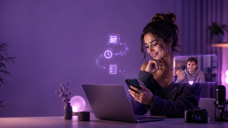 Female creator works on a laptop and communicates personally with a male fan via smartphone, while subtle AI symbols for planning and automation are displayed.