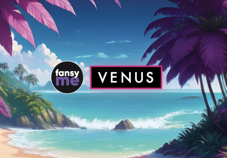 Die Logos von FansyMe und Venus sind in einer tropischen Strandszenerie mit violetten Palmen und blauem Meer eingebettet und symbolisieren die Verbindung von Messe und Plattform.