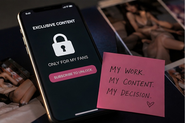 Smartphone with locked exclusive creator content and note “My Work. My Content. My Decision.” as a symbol of self-determination and digital content.
