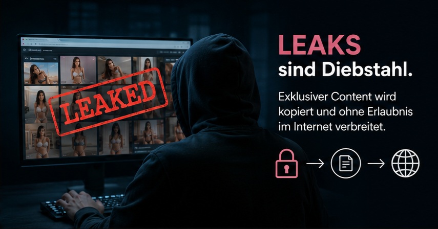 Illustration of an anonymous user in front of leaked creator content with the message “Leaks are theft” and symbols for unauthorized distribution on the internet.