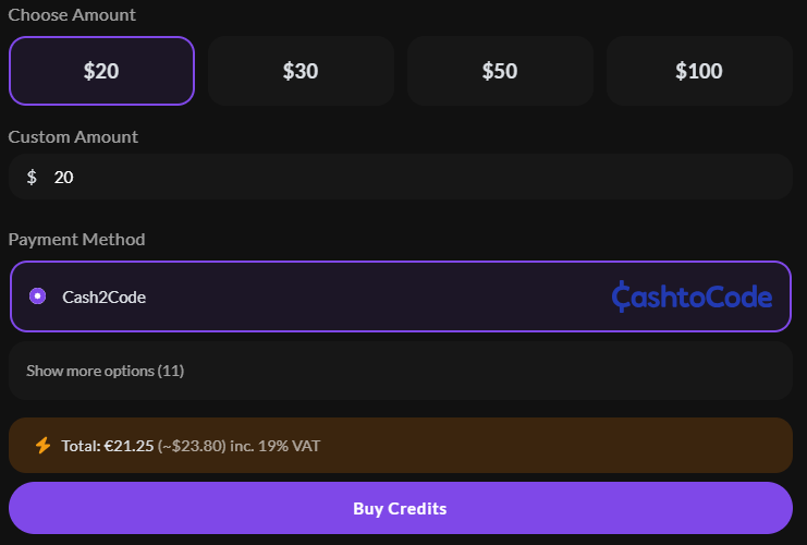 Buying FansyMe credits with Cash2Code selected as payment method