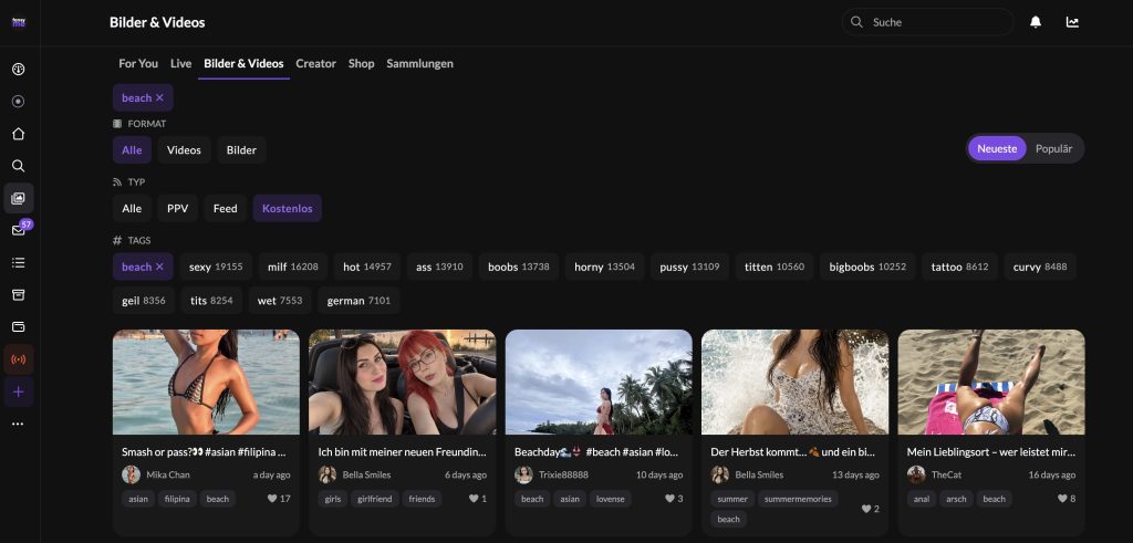 FansyMe images and video overview with filters for free content, PPV, feed, and videos, plus combinable hashtags.